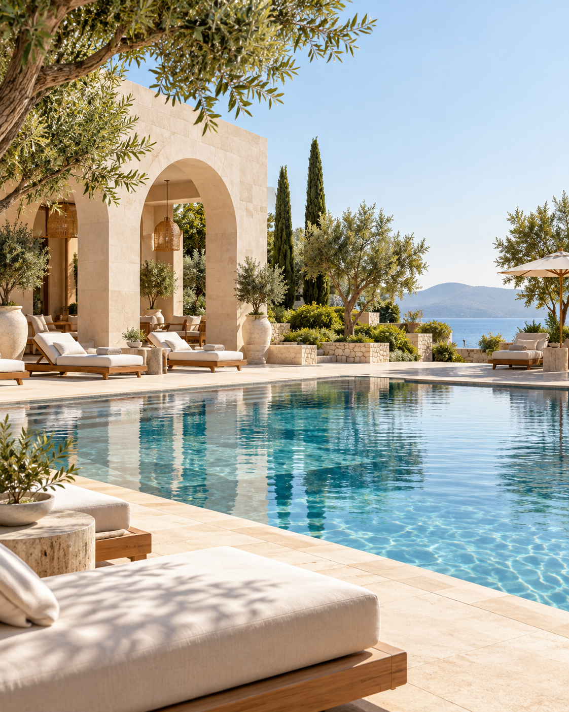 A peaceful hotel pool and courtyard, illustrating a memorable guest stay