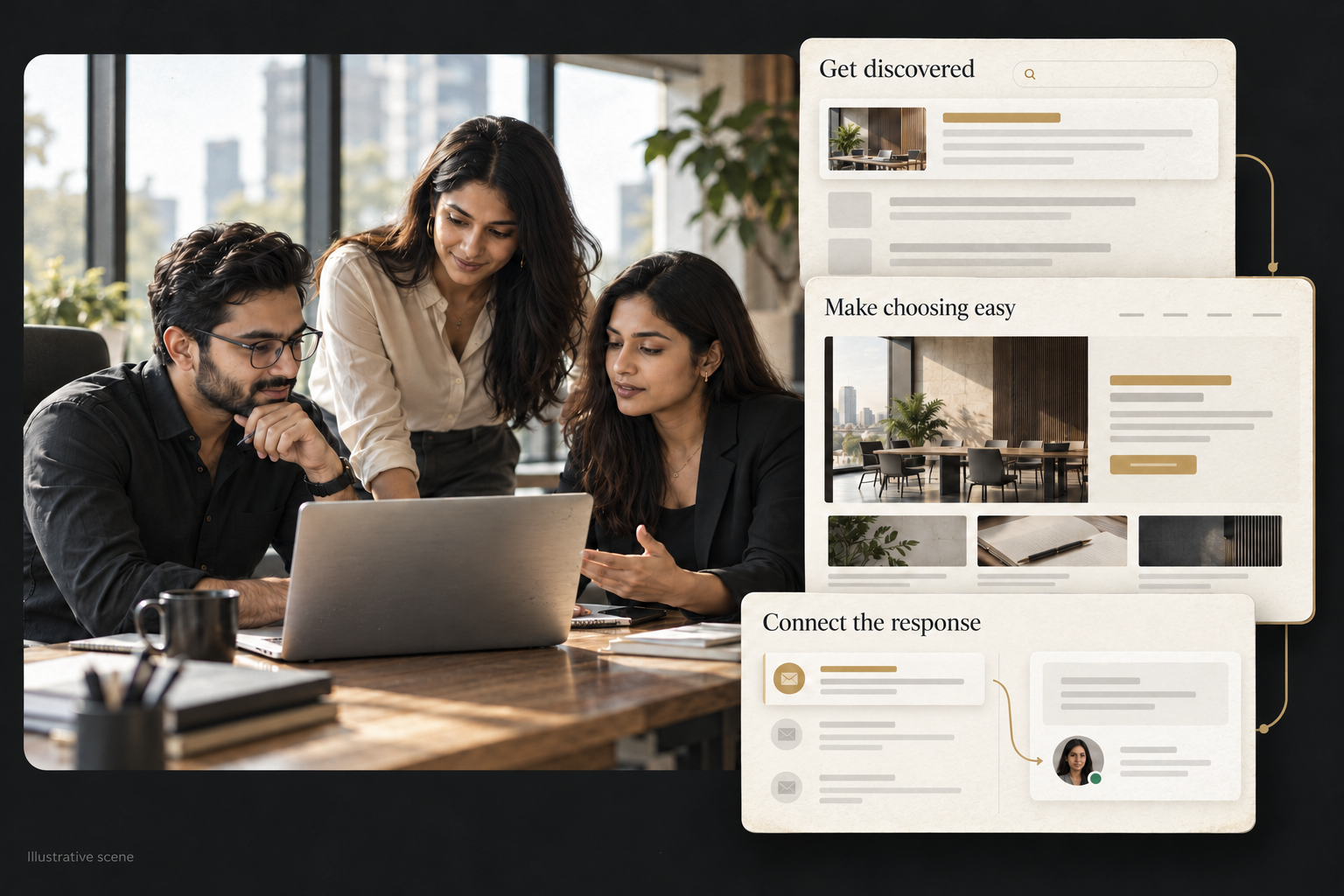 Illustrative leadership scene with layered search, website and enquiry interfaces.