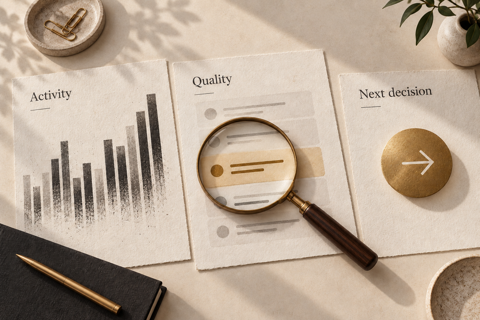 Illustrative paper study connecting activity, enquiry quality and the next business decision.